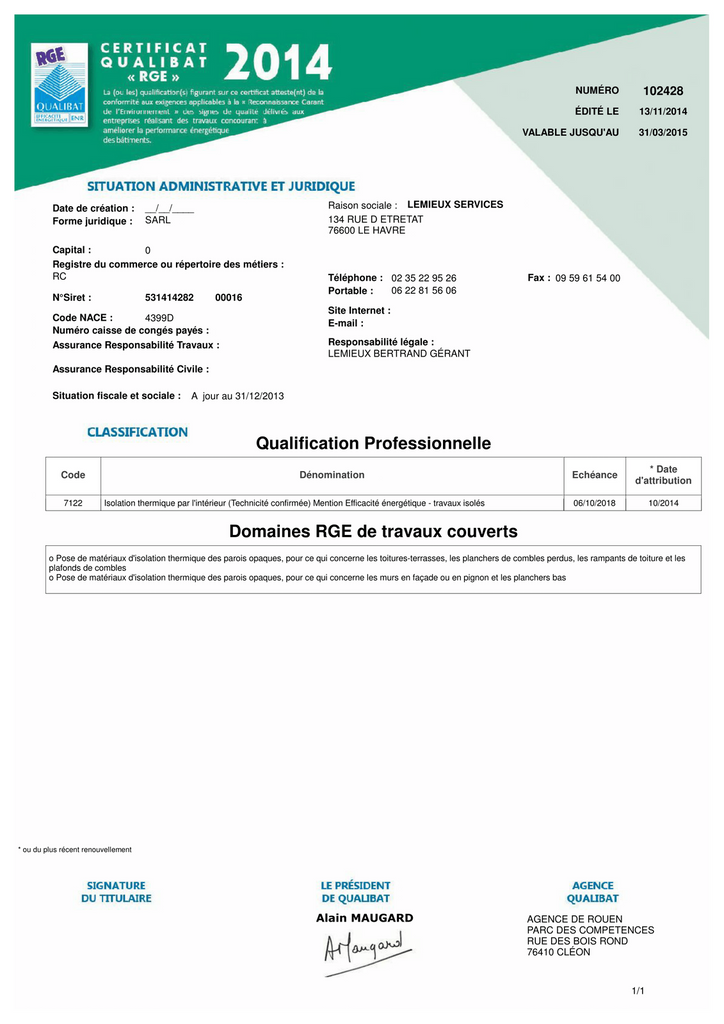 certificat qualibat RGE 2014